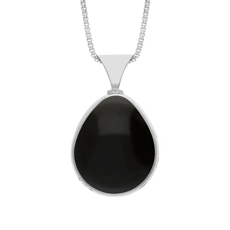 9ct White Gold Whitby Jet Mother of Pearl Hallmark Double Sided Pear-shaped Necklace sold by Jura Watches
