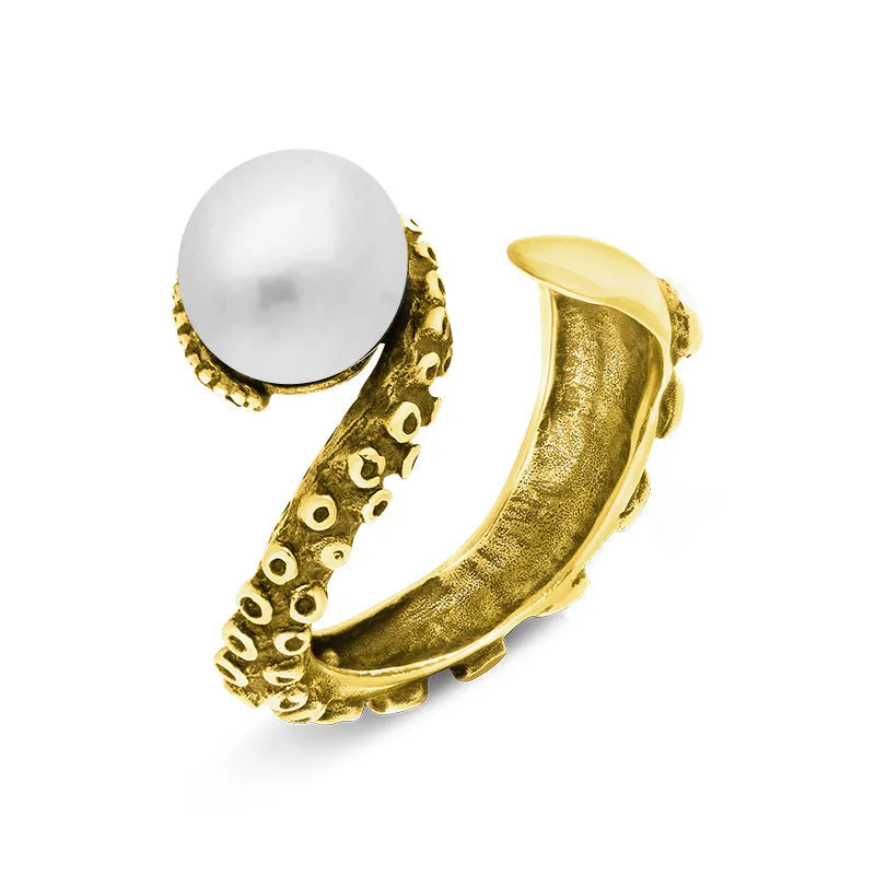 9ct Yellow Gold Freshwater Pearl Bead Swirl Tentacle Ring sold by Jura Watches