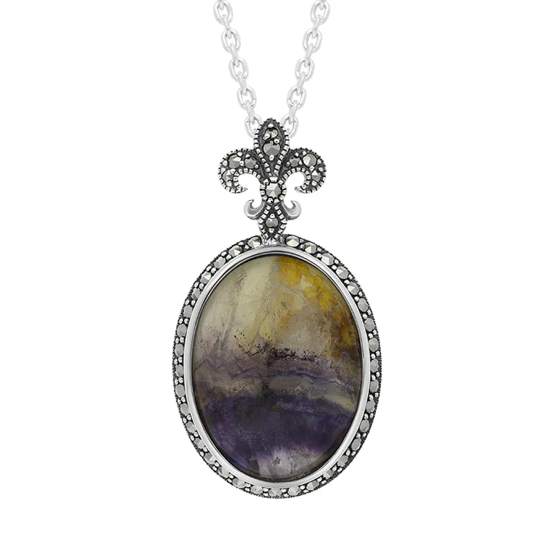 Sterling Silver Blue John Marcasite Fleur De Lis Topped Oval Necklace D sold by Jura Watches