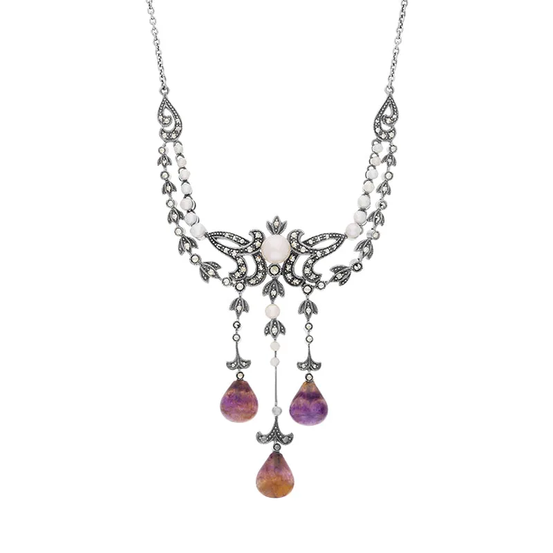 Sterling Silver Blue John Marcasite Pearl Triple Drop Necklace made by C.W. Sellors