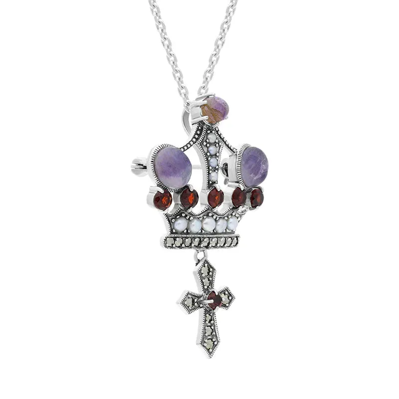 Sterling Silver Blue John Marcasite Garnet Freshwater Pearl Crown & Cross Necklace sold by Jura Watches product image thumbnail 2