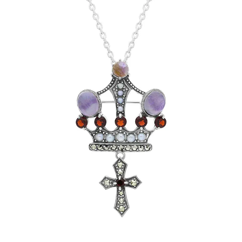 Sterling Silver Blue John Marcasite Garnet Freshwater Pearl Crown & Cross Necklace sold by Jura Watches