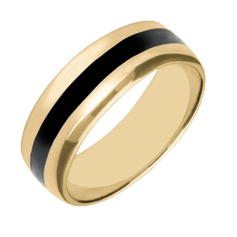 9ct Yellow Gold Whitby Jet Inlaid Wide Wedding Band Ring sold by Jura Watches