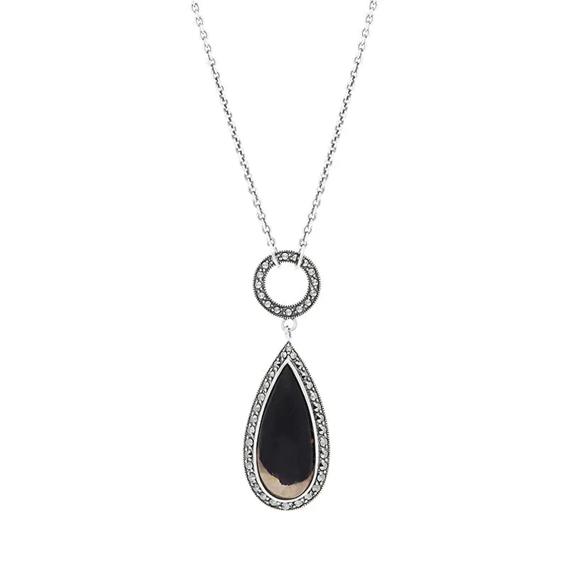 Sterling Silver Blue John Marcasite Pear Drop T-Bar Necklace sold by Jura Watches