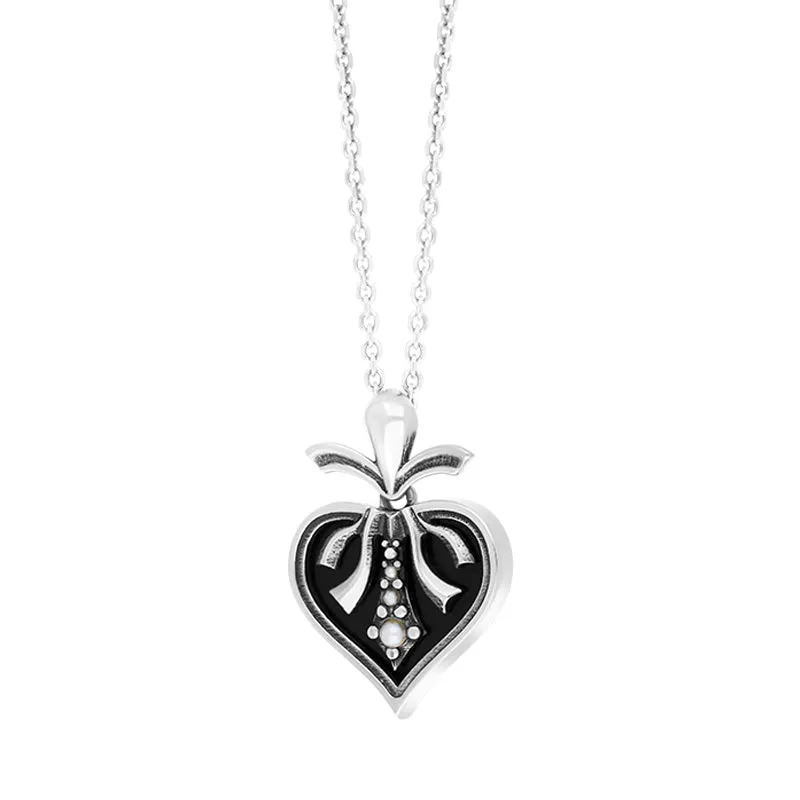 Sterling Silver Freshwater Pearl Whitby Jet Victorian Heart Pendant sold by Jura Watches