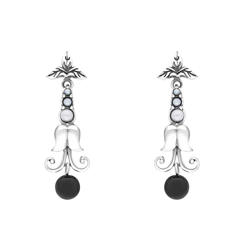 Sterling Silver Whitby Jet Freshwater Pearl Scrollwork Drop Earrings sold by Jura Watches