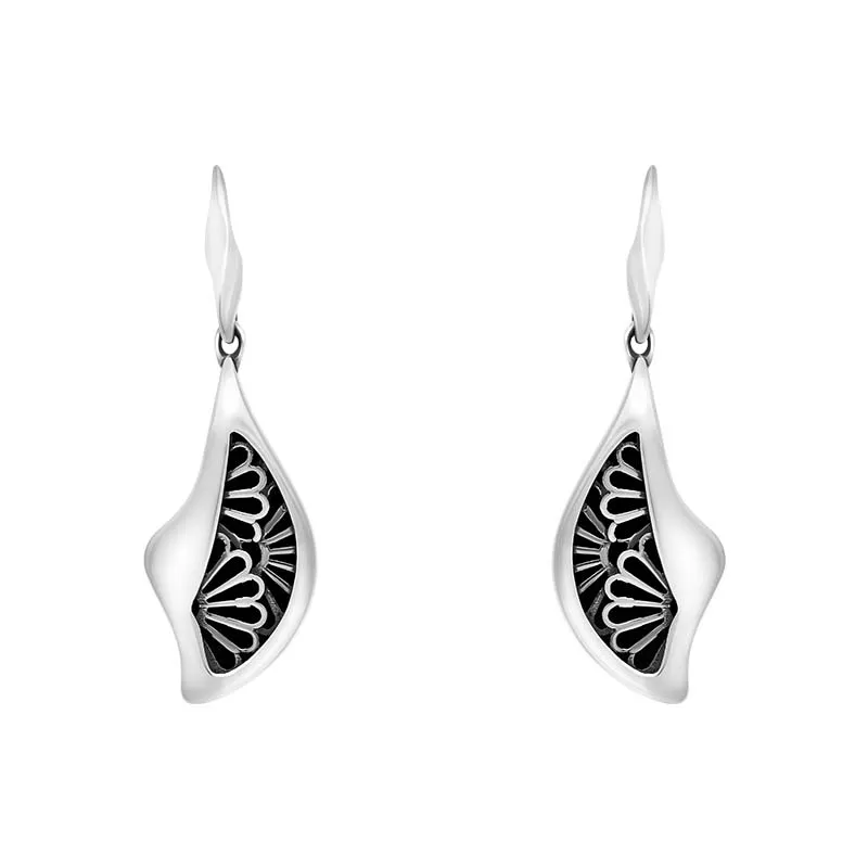 Sterling Silver Whitby Jet Gothic Filigree Fan Drop Earrings sold by Jura Watches