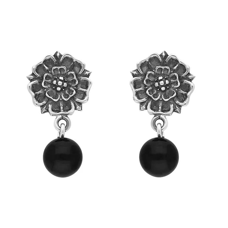 Sterling Silver Whitby Jet 6mm Bead Rose Top Drop Earrings sold by Jura Watches