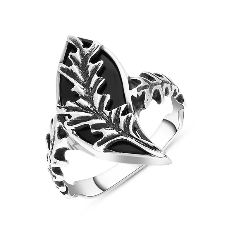 Sterling Silver Whitby Jet Acanthus Leaf Ring sold by Jura Watches