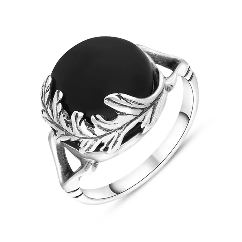 Sterling Silver Whitby Jet Round Acanthus Leaf Ring sold by Jura Watches