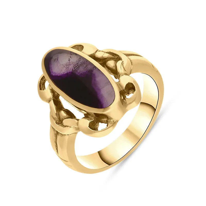 9ct Yellow Gold Blue John Heavy Oval Ornate Edge Ring sold by Jura Watches