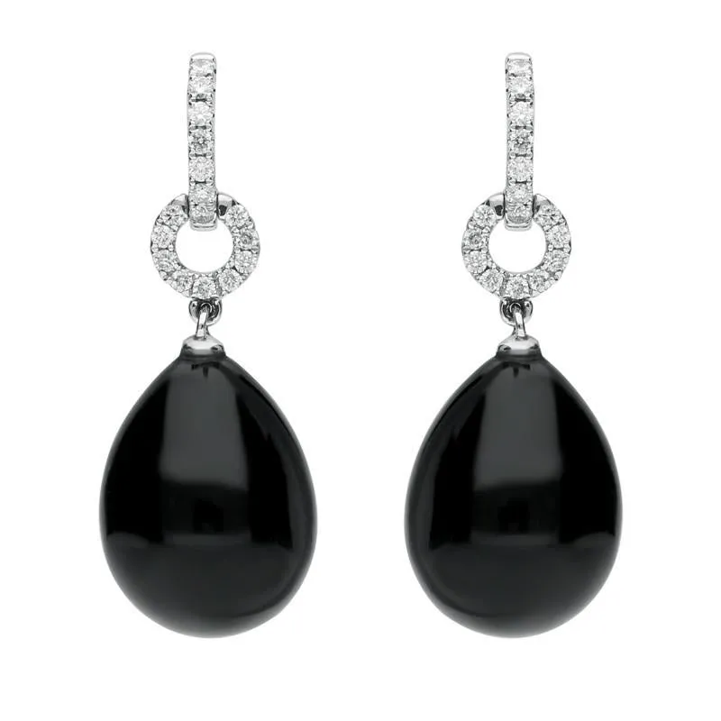 18ct White Gold Whitby Jet 0.22ct Diamond Round Drop Earrings sold by Jura Watches