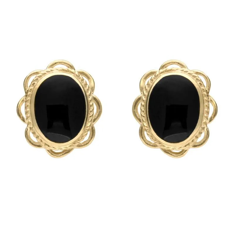 9ct Yellow Gold Whitby Jet Rope Frill Edge Oval Stud Earrings sold by Jura Watches