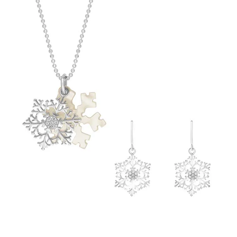 Sterling Silver Mother of Pearl Cubic Zirconia Medium Snowflake Two Piece Set sold by Jura Watches