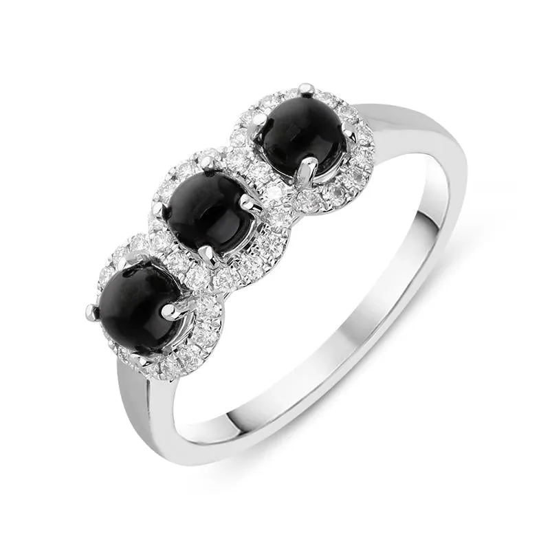 18ct White Gold Whitby Jet 0.24ct Diamond Three Stone Ring sold by Jura Watches