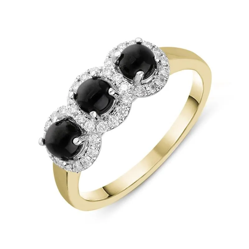 18ct Yellow Gold Whitby Jet 0.24ct Diamond 3 Stone Ring sold by Jura Watches