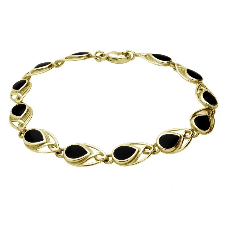 9ct Yellow Gold Whitby Jet Celtic Twelve Stone Pear Bracelet sold by Jura Watches