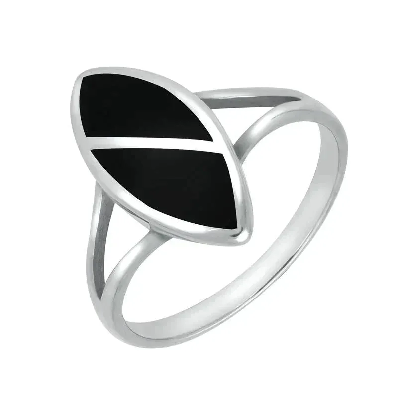 Sterling Silver Whitby Jet Split Stone Marquise Ring sold by Jura Watches