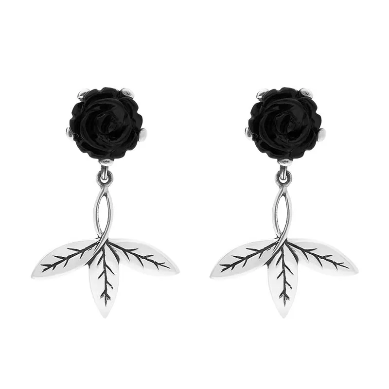Sterling Silver Whitby Jet Tuberorse Triple Leaf Drop Earrings sold by Jura Watches