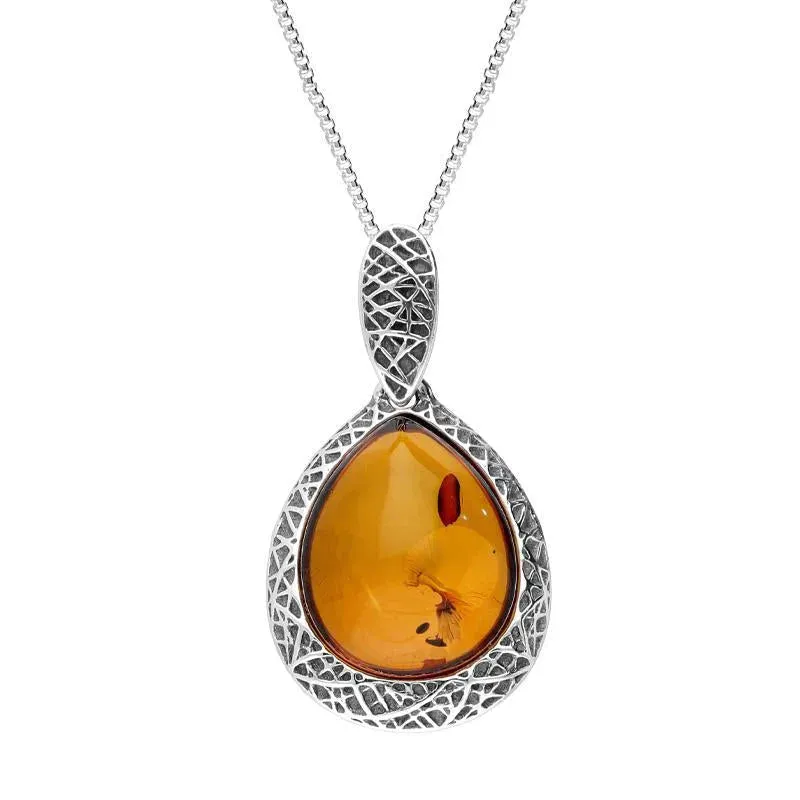 Sterling Silver Cognac Amber Basket Weave Edge Pear Necklace sold by Jura Watches