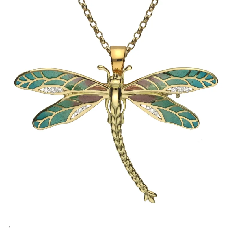 18ct Yellow Gold Diamond Enamel Style & Fashion Dragonfly Brooch Necklace sold by Jura Watches