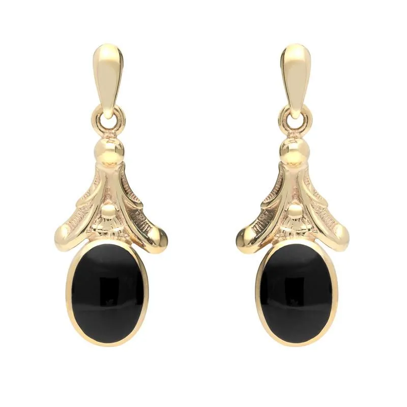 9ct Yellow Gold Whitby Jet Oval Leaf Drop Stud Earrings sold by Jura Watches