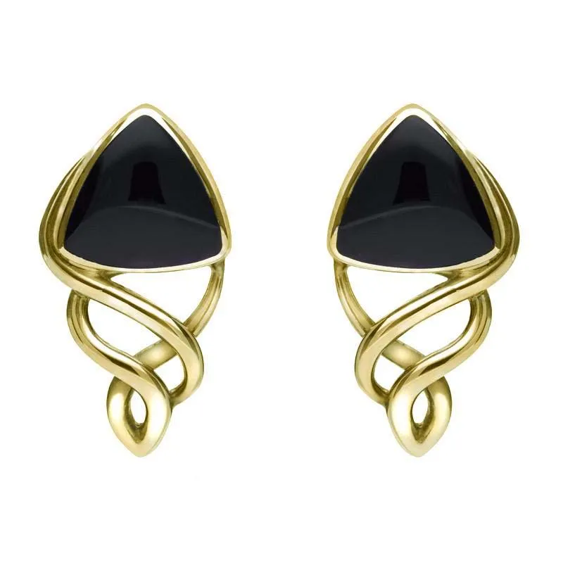9ct Yellow Gold Whitby Jet Curve Triangle Celtic Stud Earrings sold by Jura Watches