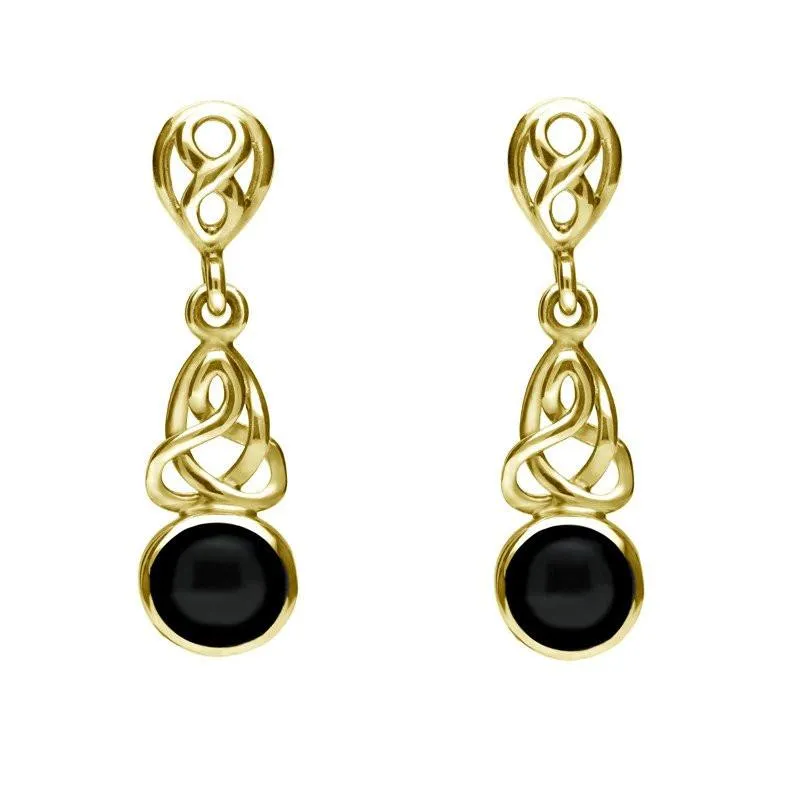 9ct Yellow Gold Whitby Jet Round Celtic Dropper Earrings sold by Jura Watches