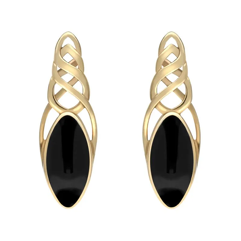 9ct Yellow Gold Whitby Jet Celtic Long Marquise Stud Earrings sold by Jura Watches