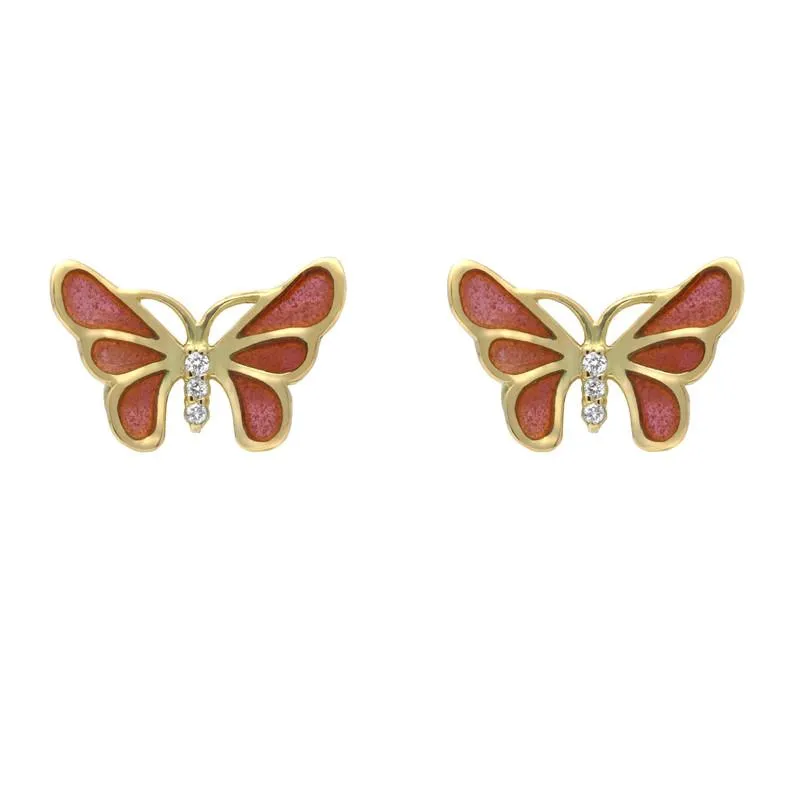 18ct Yellow Gold Diamond Red Enamel Style & Fashion Butterfly Stud Earrings sold by Jura Watches
