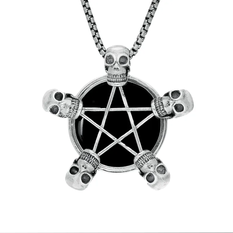 Sterling Silver Whitby Jet Unique Pentagram 5 Skulls Necklace sold by Jura Watches