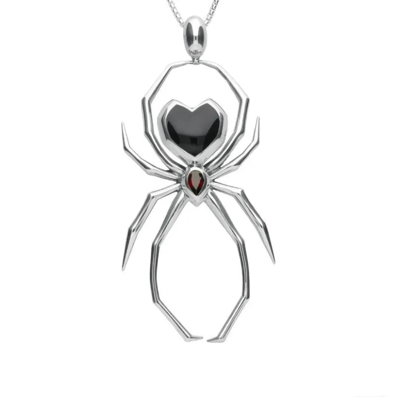 Sterling Silver Whitby Jet and Garnet 100mm Spider Egg Bail Pendant sold by Jura Watches