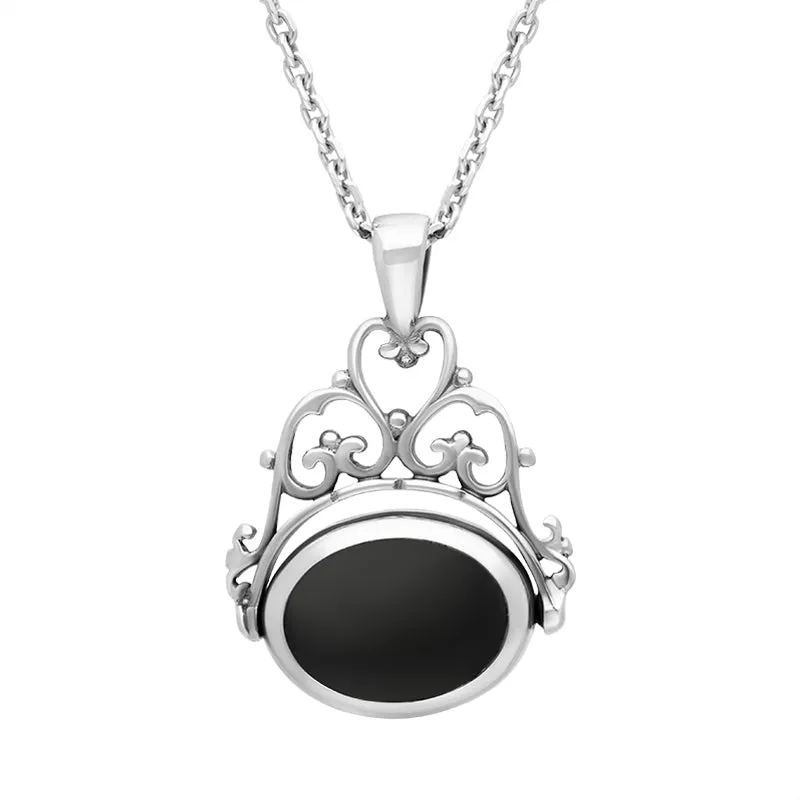 Sterling Silver Blue John Whitby Jet Ornate Double Sided Oval Swivel Fob Necklace sold by Jura Watches