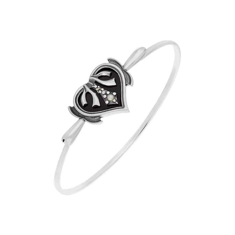 Sterling Silver Freshwater Pearl Whitby Jet Victoriana Hearts Bangle sold by Jura Watches