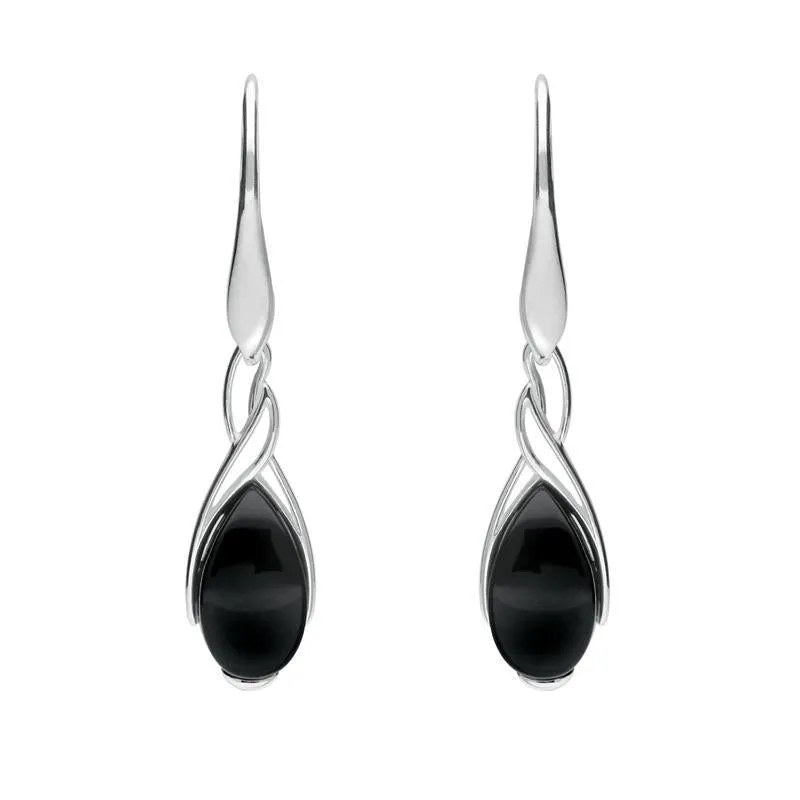 Sterling Silver Whitby Jet Celtic Pear Drop Earrings sold by Jura Watches
