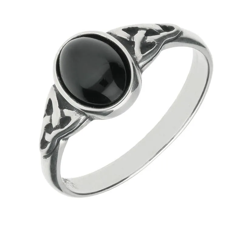 Sterling Silver Whitby Jet Oval Celtic Shoulder Ring sold by Jura Watches