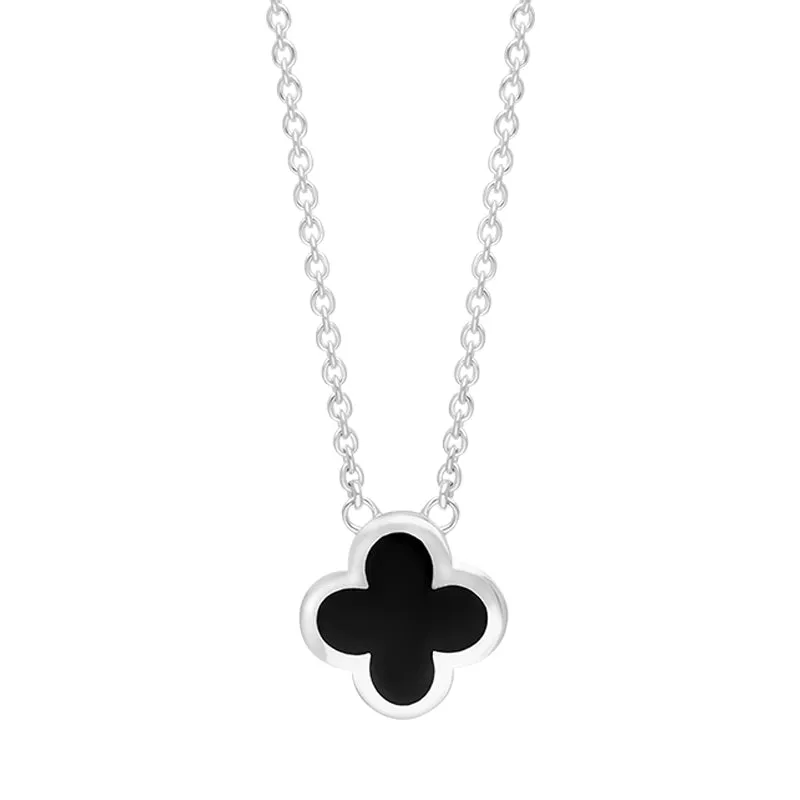Sterling Silver Whitby Jet Bloom Small Four Leaf Clover Polished Edge Pendant sold by Jura Watches