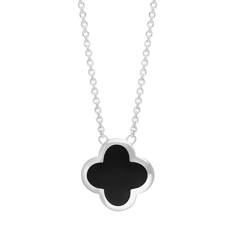 9ct White Gold Whitby Jet Bloom Large Four Leaf Clover Polished Edge Pendant sold by Jura Watches