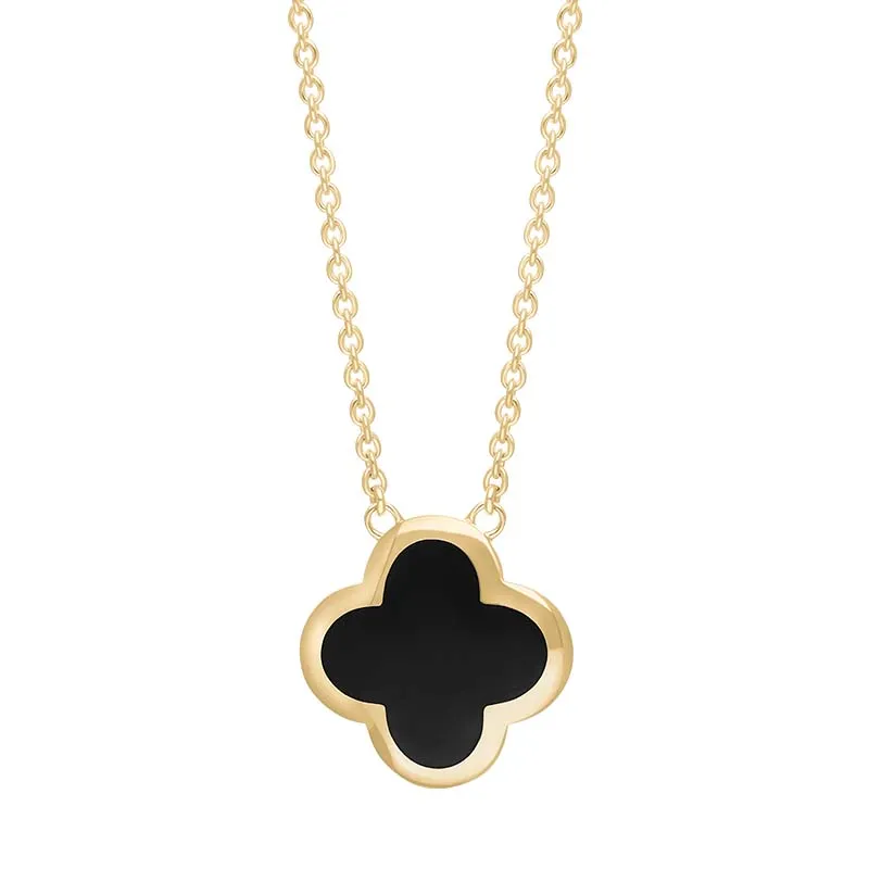 9ct Yellow Gold Whitby Jet Bloom Large Four Leaf Clover Polished Edge Pendant sold by Jura Watches