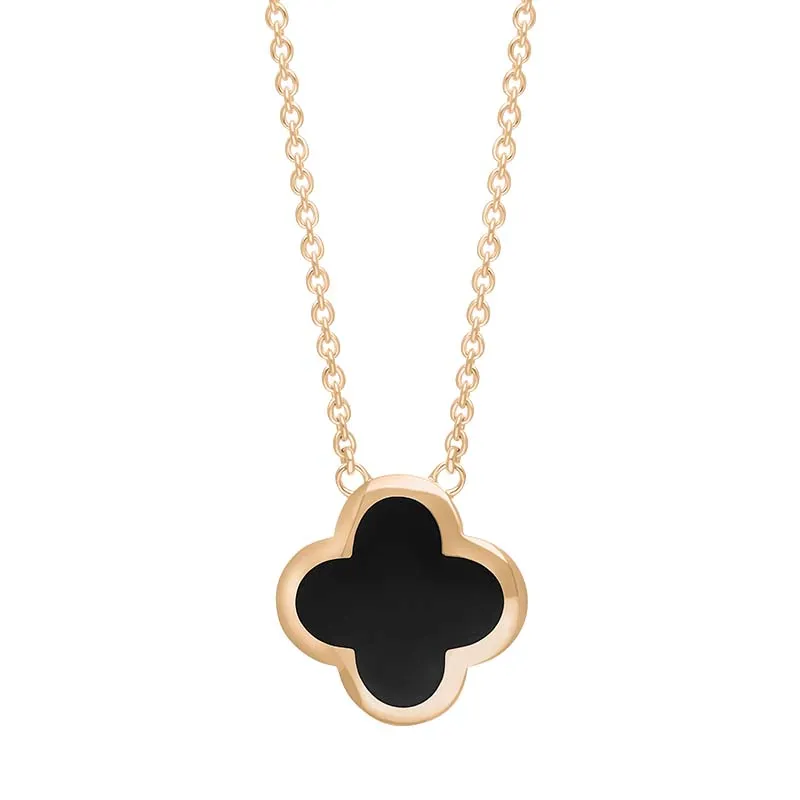 9ct Rose Gold Whitby Jet Bloom Large Four Leaf Clover Polished Edge Pendant sold by Jura Watches