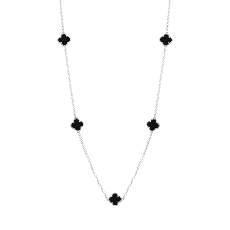 Sterling Silver Whitby Jet Bloom Four Leaf Clover Ball Edge Necklace sold by Jura Watches
