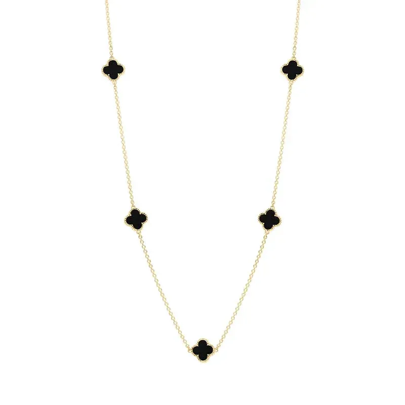 9ct Yellow Gold Whitby Jet Bloom Four Leaf Clover Ball Edge Necklace sold by Jura Watches