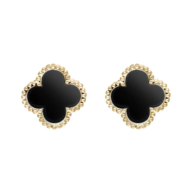 9ct Yellow Gold Whitby Jet Bloom Four Leaf Clover Ball Edge Stud Earrings sold by Jura Watches