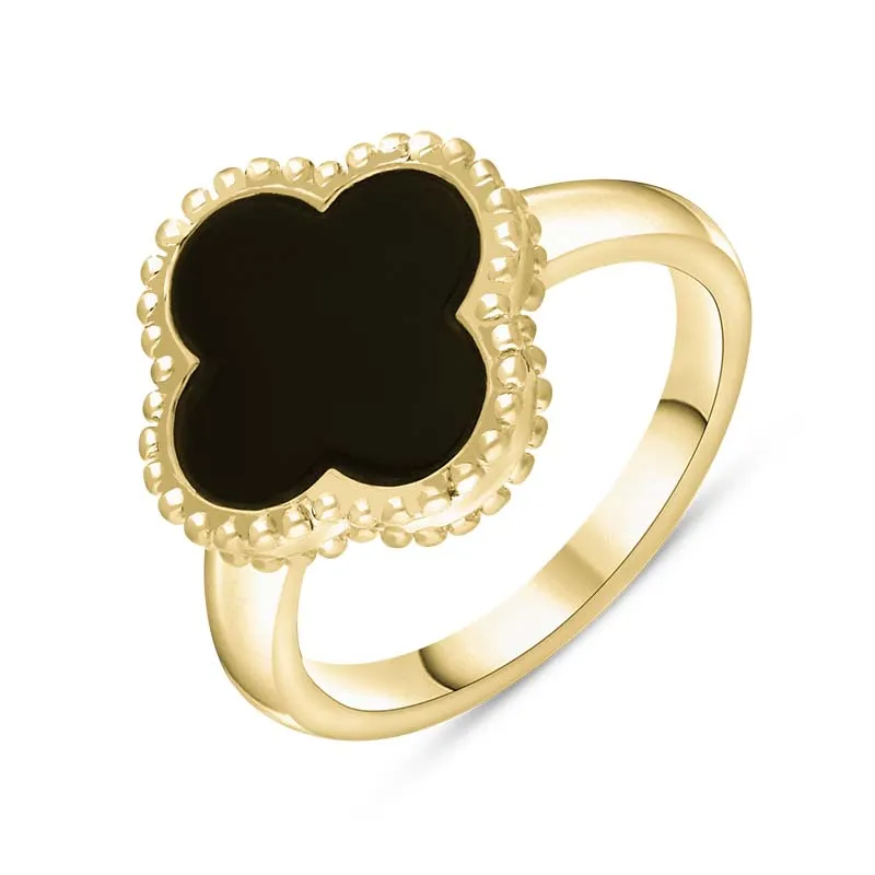 9ct Yellow Gold Whitby Jet Bloom Four Leaf Clover Ball Edge Ring sold by Jura Watches