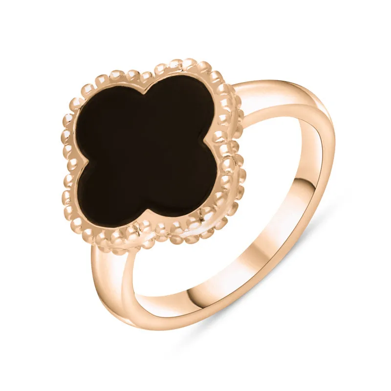 9ct Rose Gold Whitby Jet Bloom Four Leaf Clover Ball Edge Ring sold by Jura Watches
