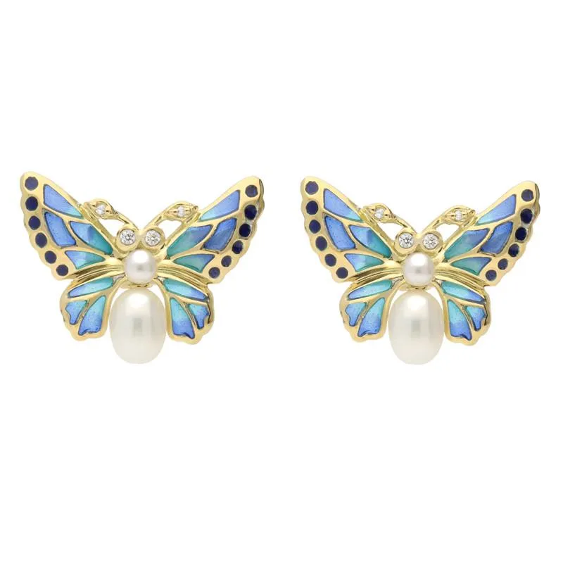 18ct Yellow Gold Diamond Pearl Enamel Style & Fashion Butterfly Stud Earrings sold by Jura Watches