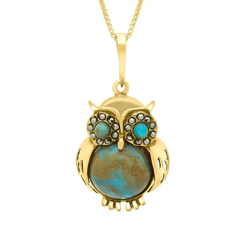 9ct Yellow Gold Turquoise Marcasite Medium Owl Necklace sold by Jura Watches