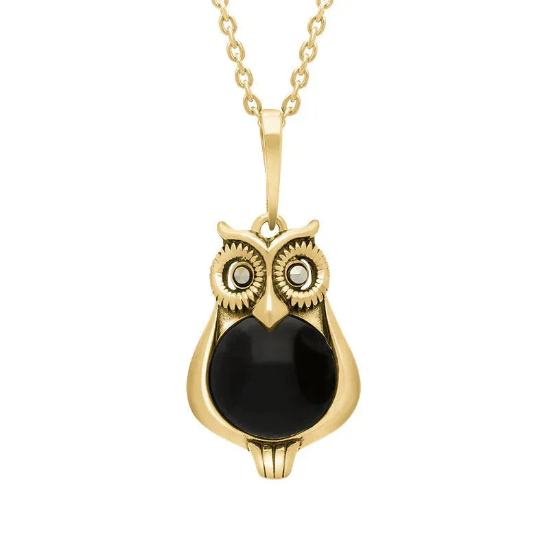 9ct Yellow Gold Whitby Jet Marcasite Small Owl Necklace sold by Jura Watches