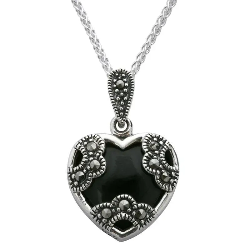 Sterling Silver Whitby Jet Necklace Heart Marcasite Necklace sold by Jura Watches