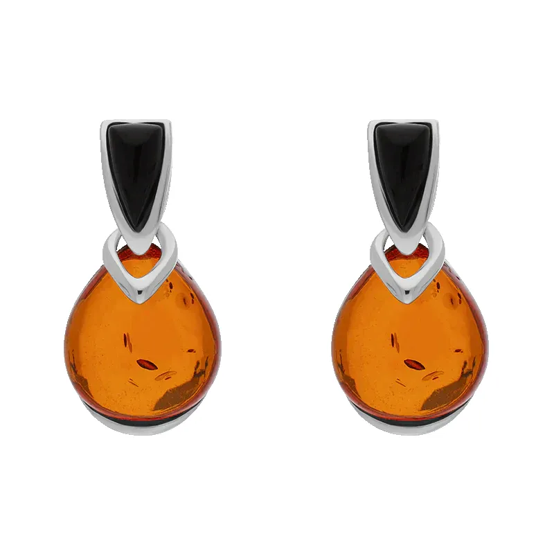 Sterling Silver Whitby Jet Amber Triangle Top Round Drop Earrings sold by Jura Watches